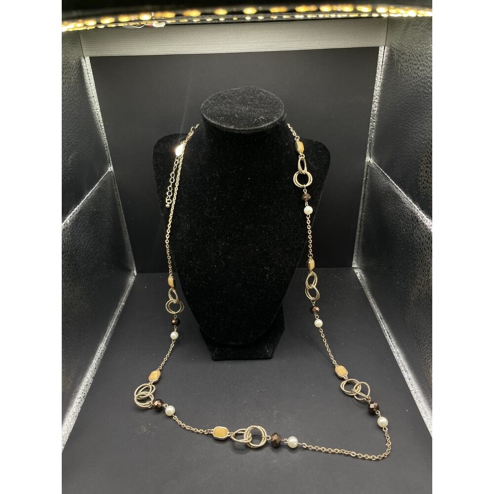 Vtg ANN TAYLOR Gold Tone Ovals Iridescent Beige Beads Faux Pearl Necklace 36”